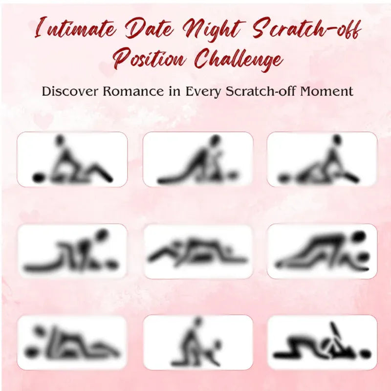 Product packaging for 'Intimate Date Night Scratch-off Position Challenge' with illustrations of positions on a pink background.