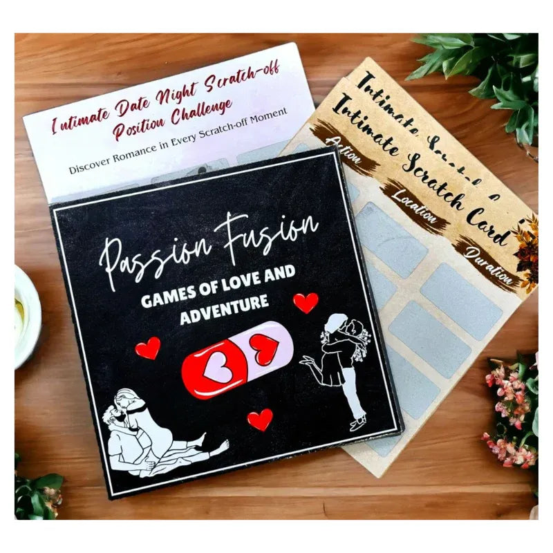 Intimate date night scratch-off card with romantic illustrations on a wooden surface.