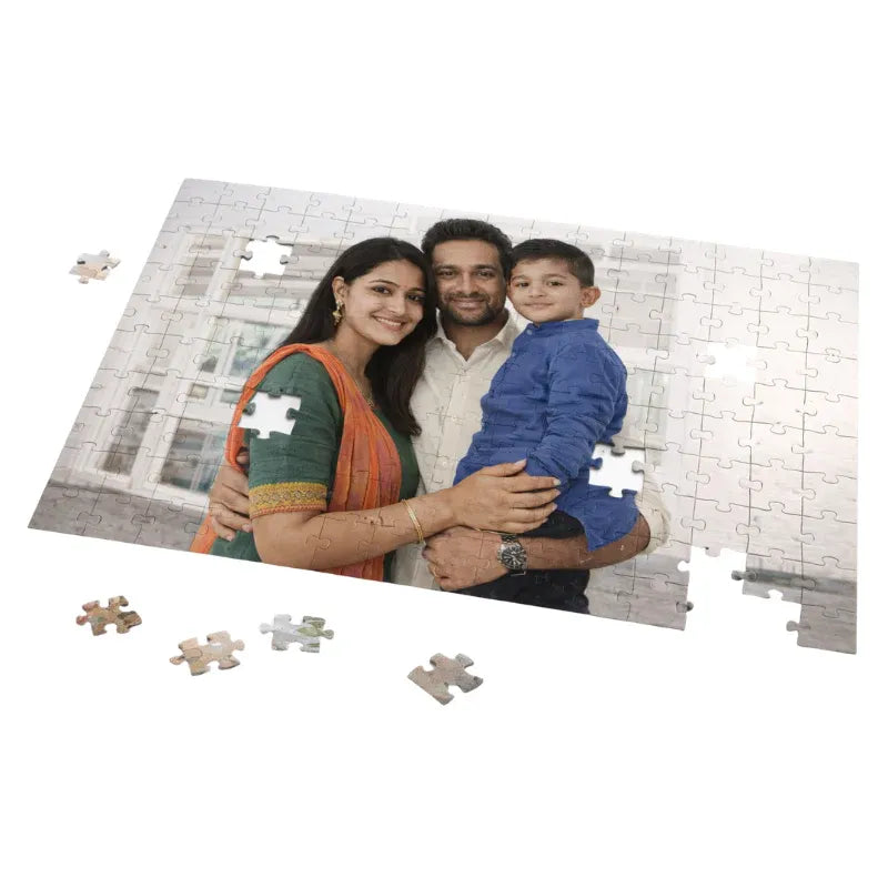 Family photo on a puzzle with missing pieces.