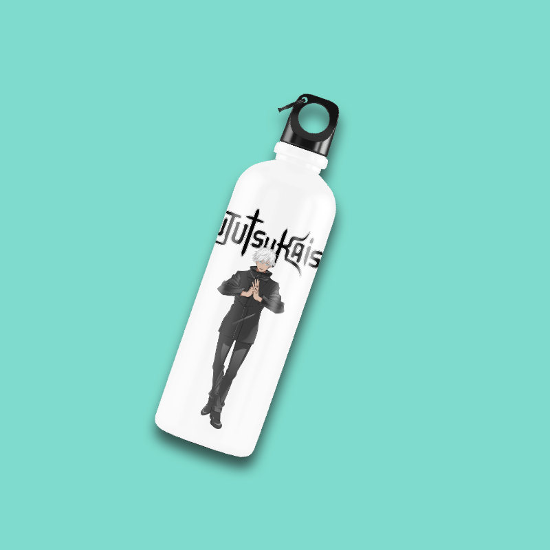 White water bottle with a graphic design on a teal background