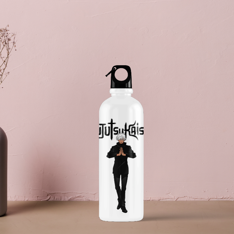 White water bottle with a black design and text on a pink background