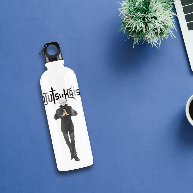 White water bottle with character design and text on a blue surface with a plant and laptop.
