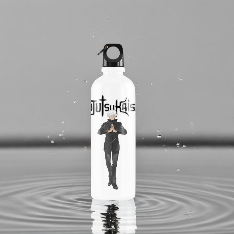 White water bottle with a person in a black outfit and 'Jutsu Kais' text on a gray background
