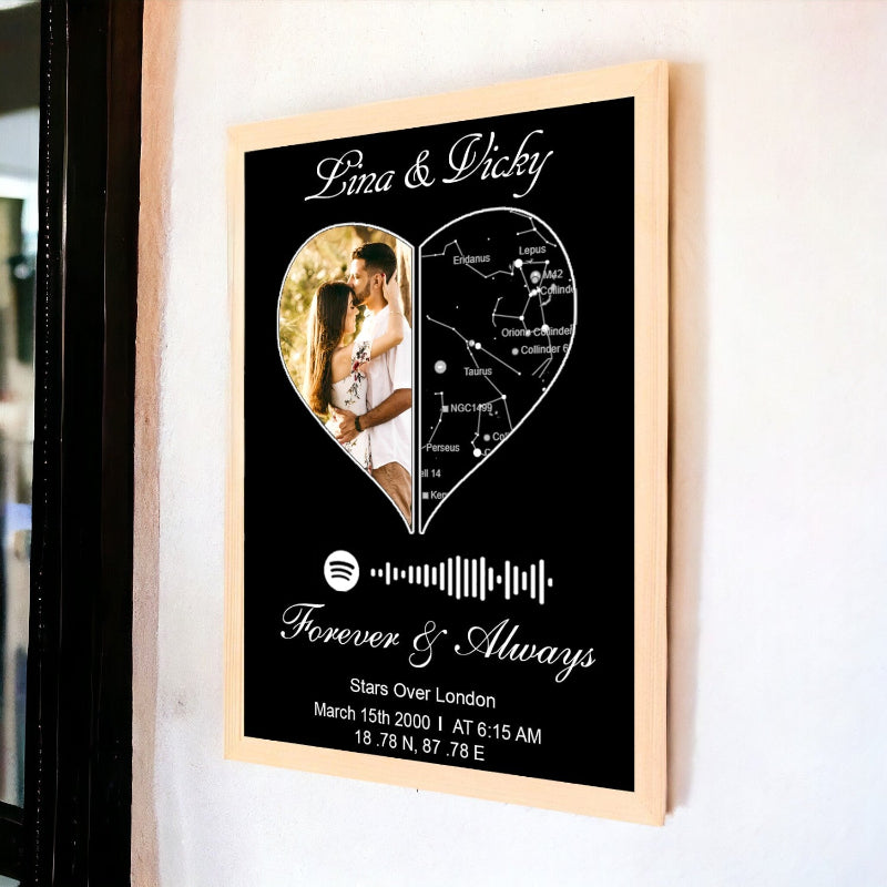 Framed artwork with a heart-shaped photo of a couple and star map on a black background.