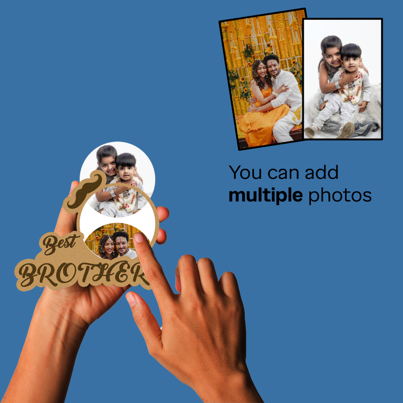 Wooden photo holder with 'Best Brother' text against a blue background