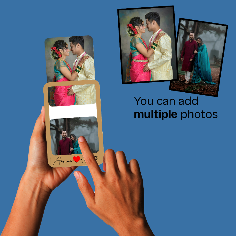 Hands holding a photo frame with images of a couple on a blue background