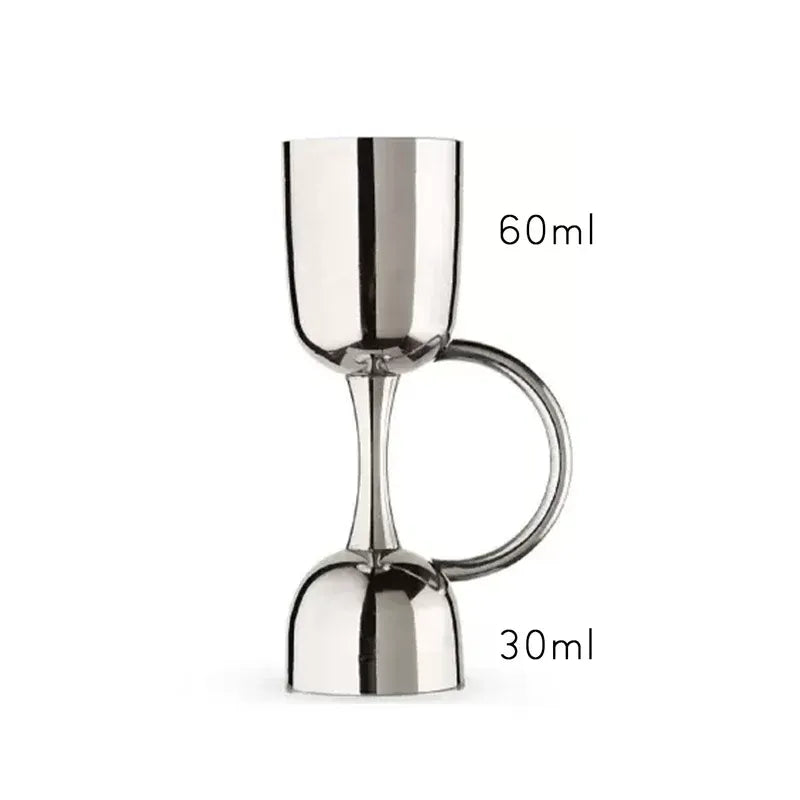 Metallic jigger with measurements on a white background