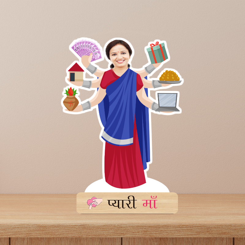 Figurine of a woman in a blue and red saree with multiple arms holding various objects on a wooden base.