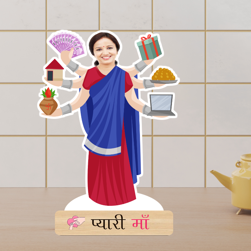 Figurine of a woman with multiple arms holding various objects on a tiled wall background