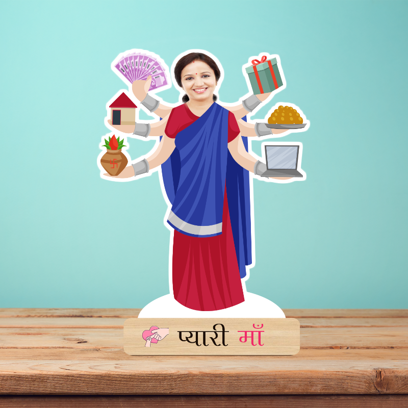 Animated character of a woman with multiple arms on a wooden platform against a light blue background