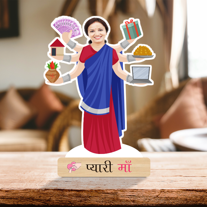 A colorful caricature of a woman in a sari, with various household items and gifts around her, placed on a wooden surface.