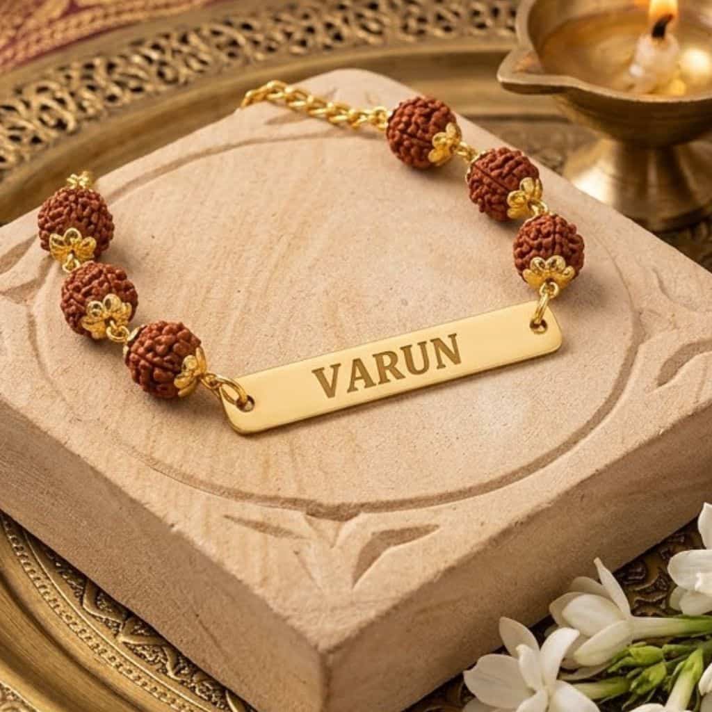 Custom Name Rakhi Gift for Brother — Rudraksha Spiritual Name Rakhi India for Raksha Bandhan