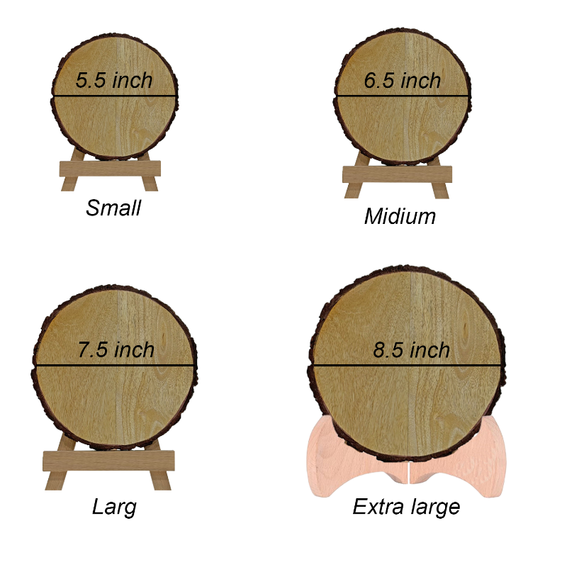 Comparison chart of wooden diameter sizes on stands labeled Small, Medium, Large, and Extra Large.
