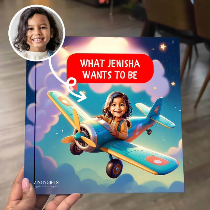 Book titled 'What Jenisha Wants to Be' with a child on an airplane cover, held by a person.