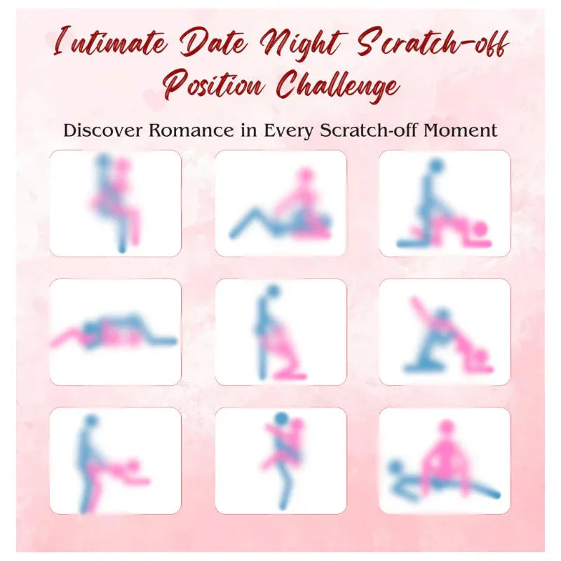 Promotional image for an 'Intimate Date Night Scratch-off Position Challenge' with illustrated positions on a pink background.