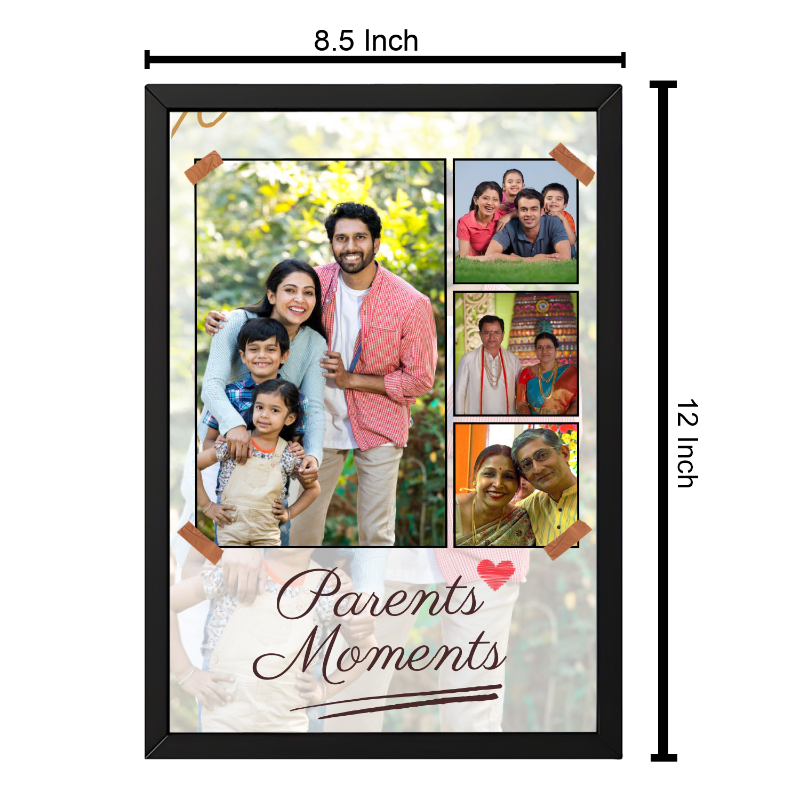 Black photo frame with family photos and 'Parents Moments' text, dimensions shown.