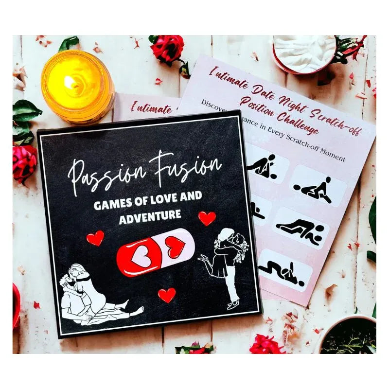 Product packaging for 'Passion Fusion Games of Love and Adventure' with romantic illustrations on a decorative background.