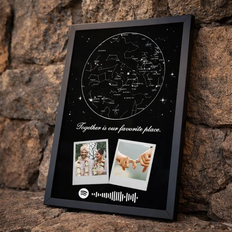 Framed artwork with star map and two photos on a stone wall background