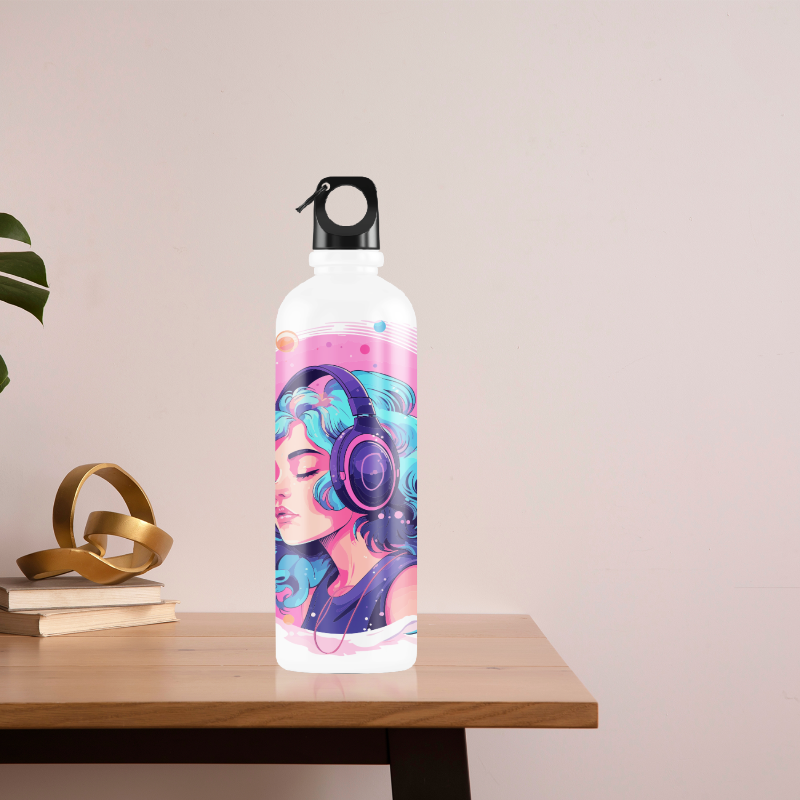 White water bottle with a colorful design of a woman wearing headphones on a wooden table.