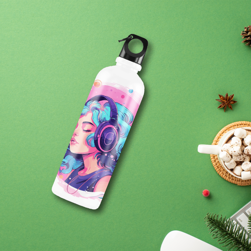 A water bottle with a capacity of 750 ml, featuring a printed design of a lady with headphones on a green background, placed on a table with decorative elements around.