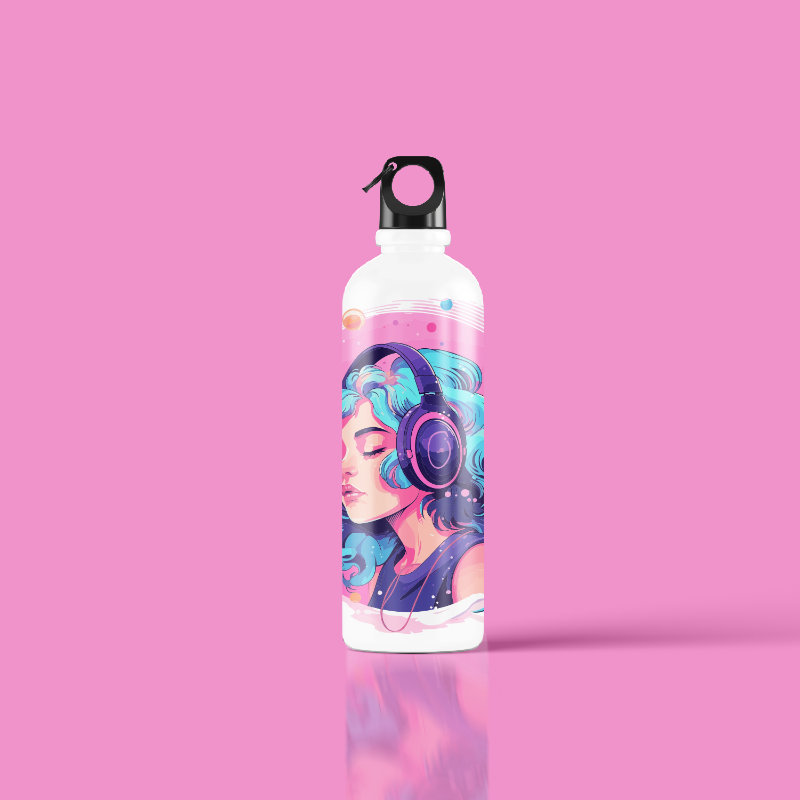 Water bottle with a colorful design of a woman wearing headphones on a pink background