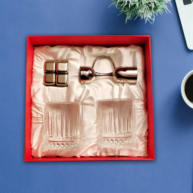 Premium Whiskey Gift Set with Glasses, Peg Measurer & Ice Cubes