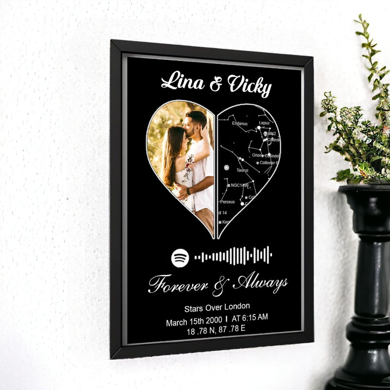 Framed artwork with a heart-shaped photo and personalized text on a black background
