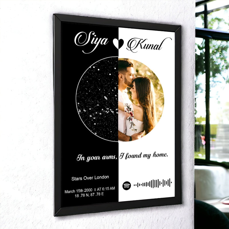 Framed artwork with a couple's photo, text, and music track details on a wall.