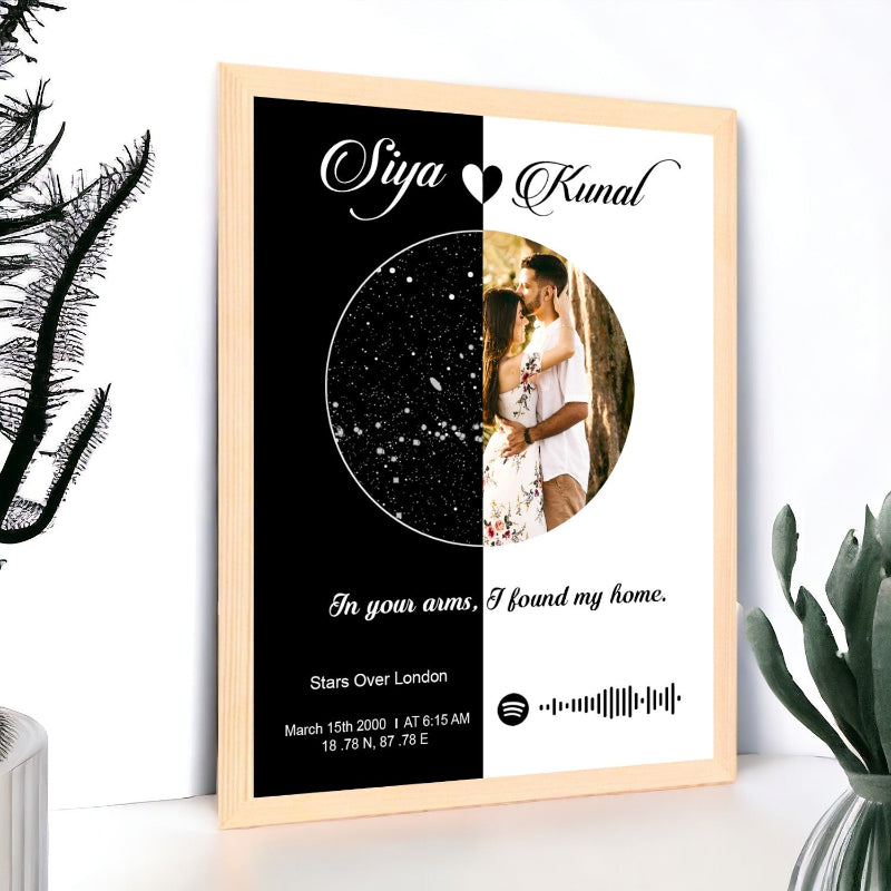 Personalized photo frame with names and text on a white surface with decorative elements.