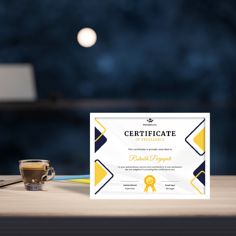 Certificate of Excellence on a desk with a blurred night scene in the background