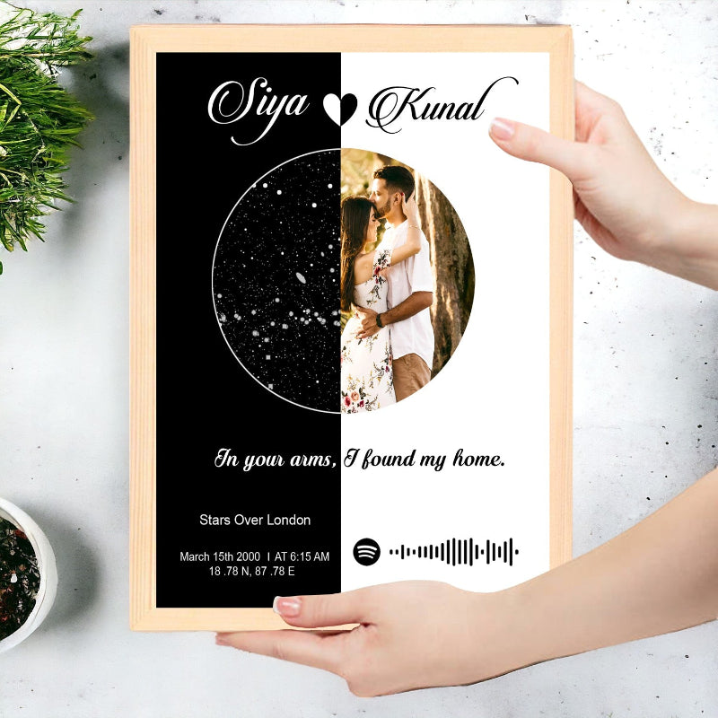 Framed artwork with a couple's photo and personalized text on a light surface.