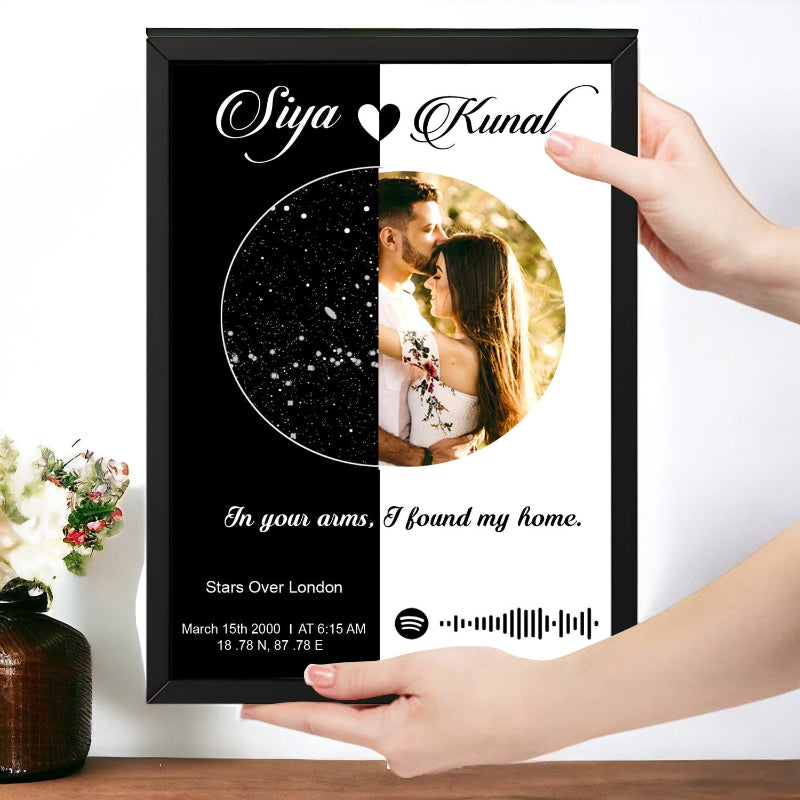 Personalized photo frame with two circular images of a couple and text, held by hands on a white background.