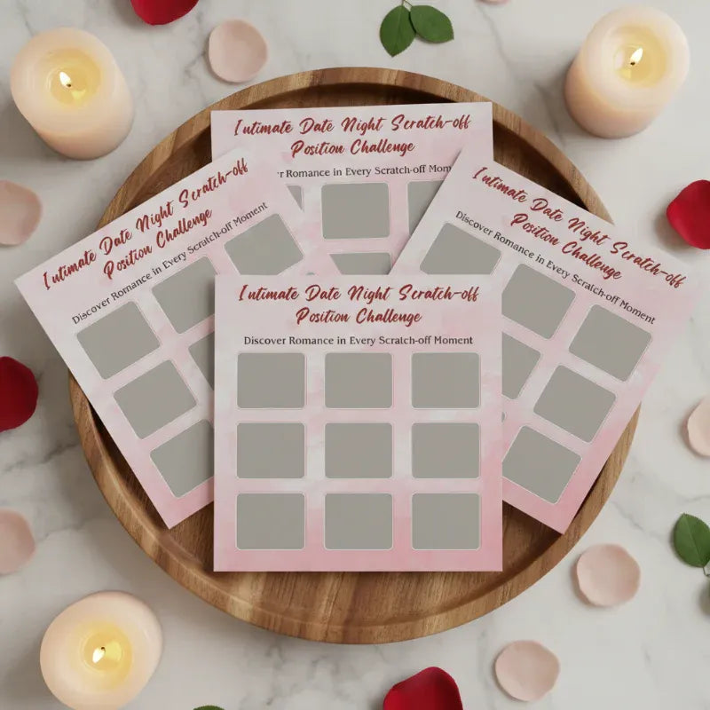 Scratch-off cards on a wooden plate with candles and rose petals in the background