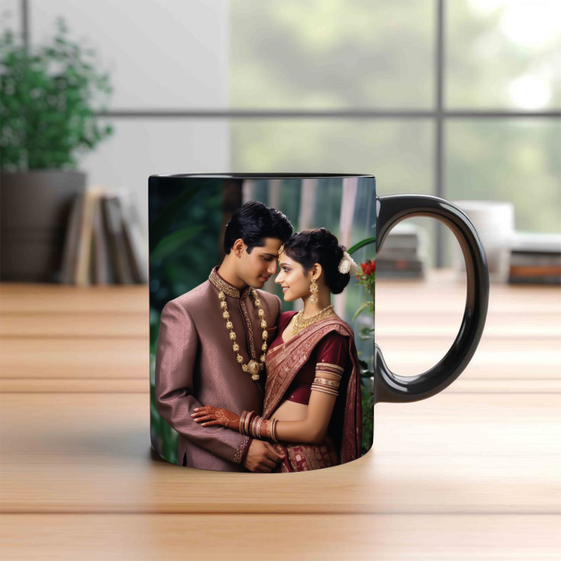 Black mug with a printed design of a couple in traditional attire on a wooden surface.