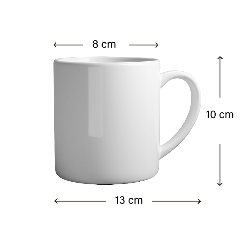 White mug with dimensions labeled on a white background