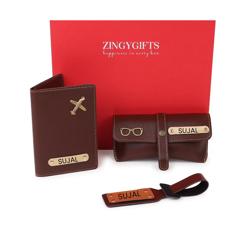 Brown leather travel set with 'Sujal' branding in front of a red 'ZingyGifts' box.