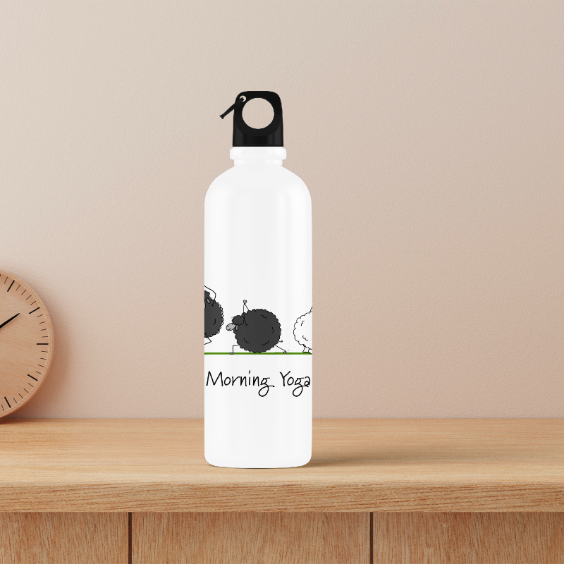 White water bottle with black hedgehog design and 'Morning Yoga' text on a wooden surface.