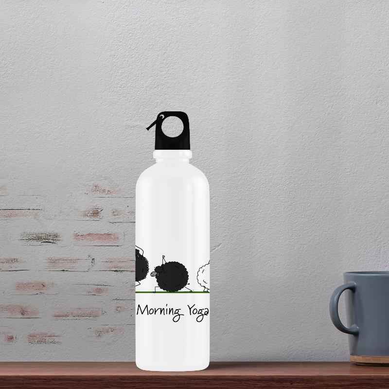 White water bottle with black design and text on a wooden shelf against a gray wall.