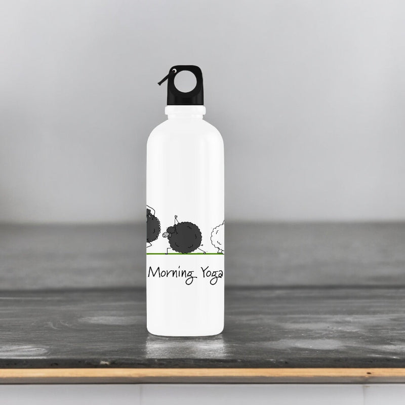 White water bottle with black hedgehog design and 'Morning Yoga' text on a wooden surface.