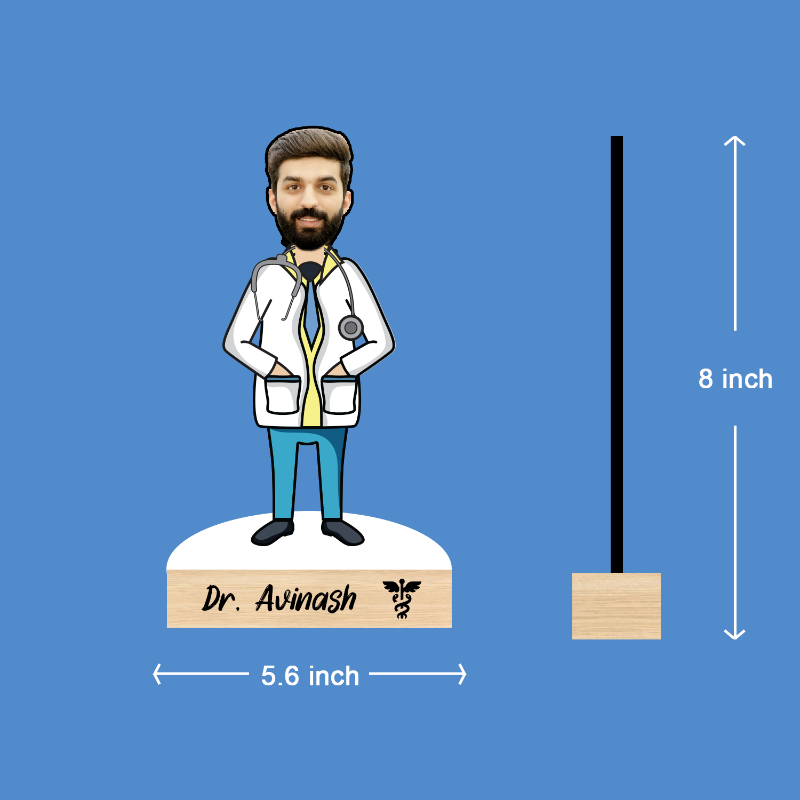 A personalized wooden caricature of a doctor with a beard, wearing a white coat, standing on a wooden base which includes a name and a small logo.