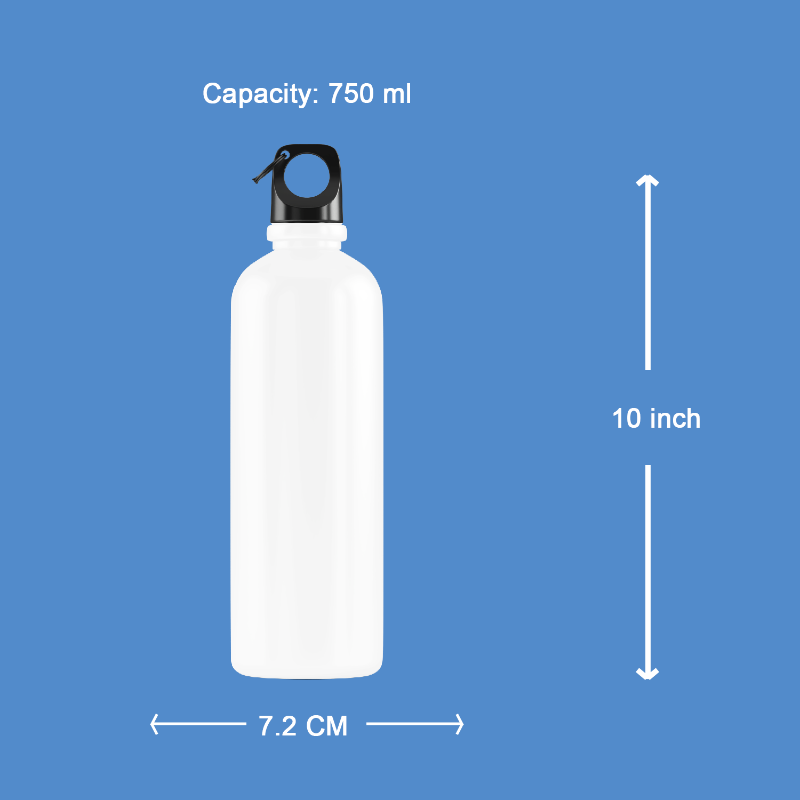 White water bottle with black cap on a blue background, showing capacity and dimensions.