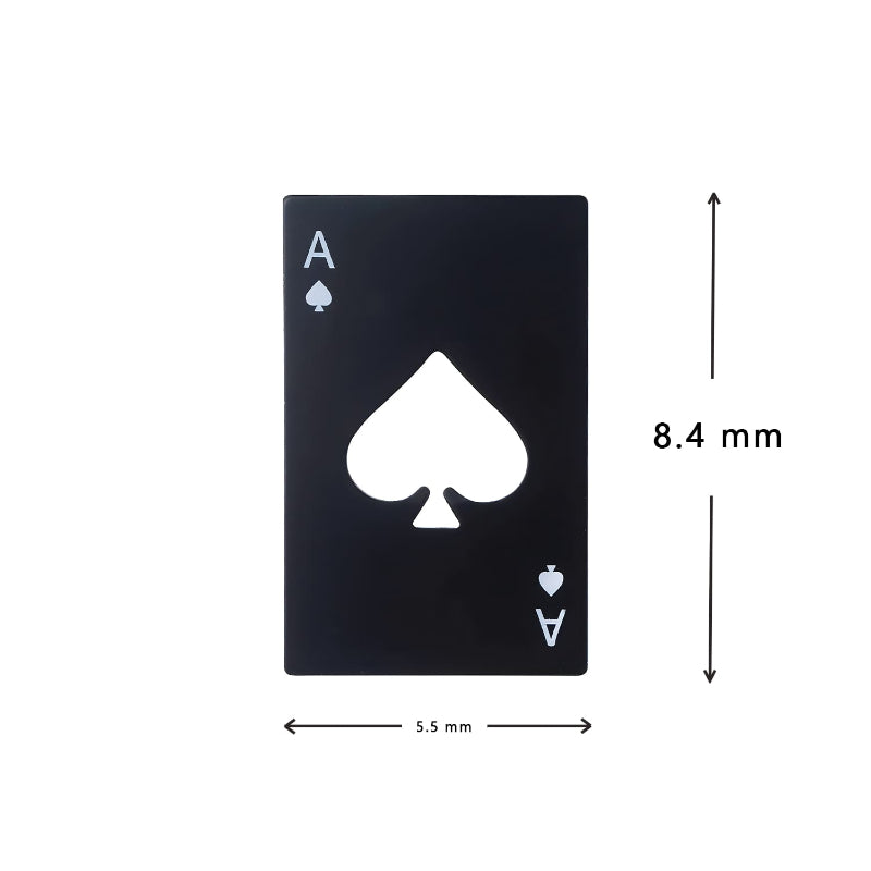 Black stainless steel bottle opener with white spade symbol and dimensions labeled