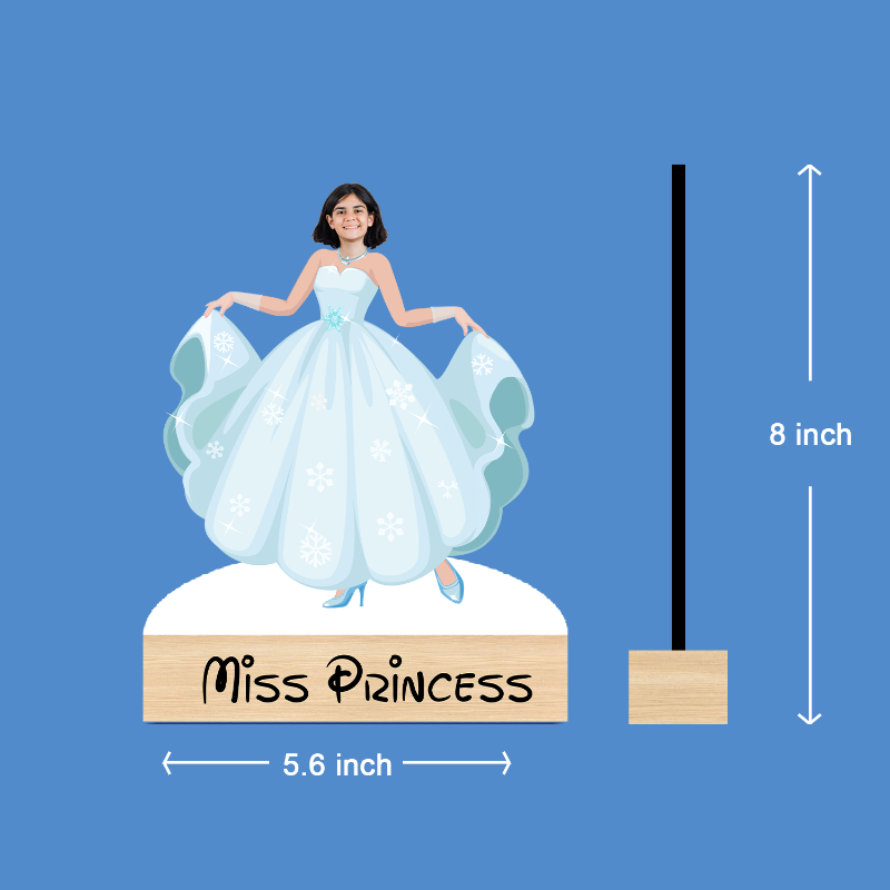 Caricature of a princess in a blue dress with measurements on a blue background