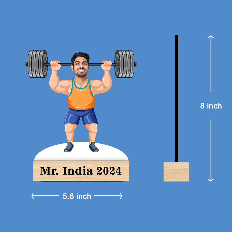 Illustration of a man lifting weights with dimensions labeled on a blue background