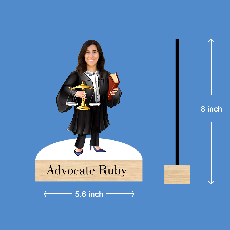 Figurine of a lawyer with scale and books, labeled 'Advocate Ruby', on a blue background with measurements.