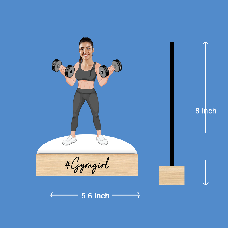 Figurine of a woman lifting weights with measurements on a blue background
