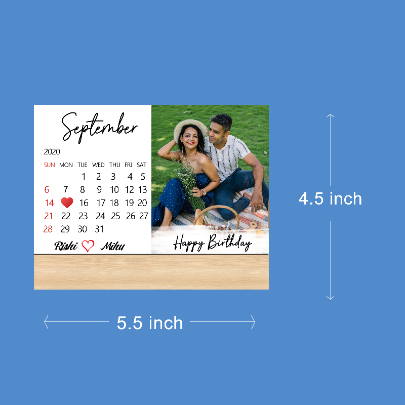 Calendar card with a photo of a couple and dimensions on a blue background