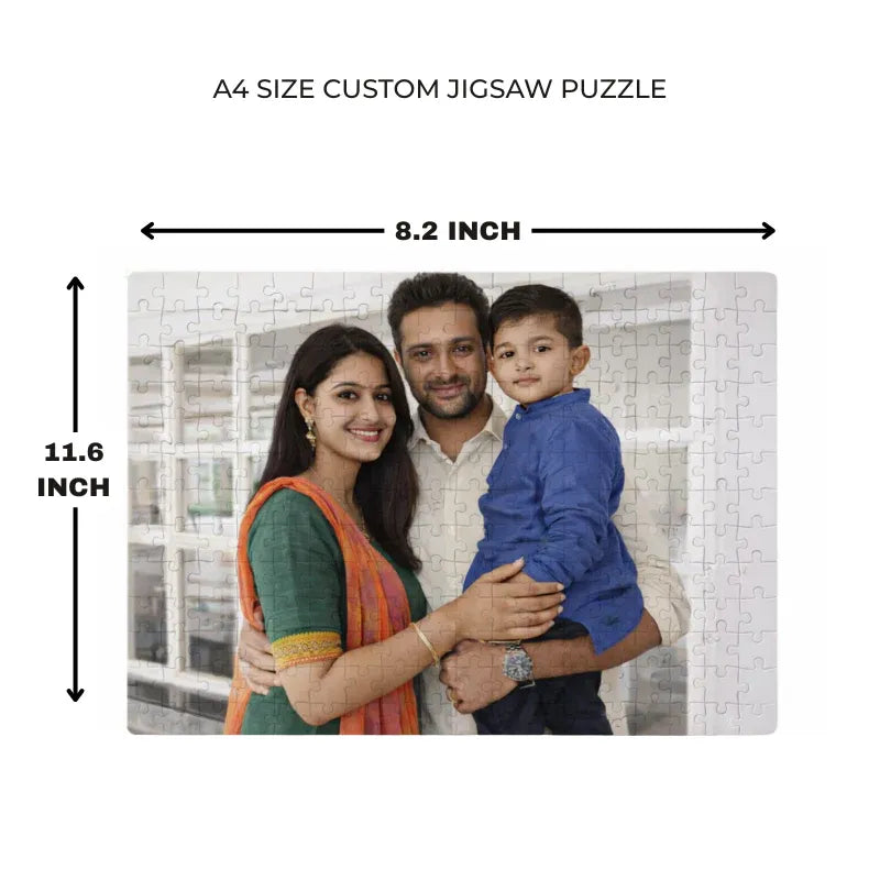 A4 size custom jigsaw puzzle with a family photo, showing dimensions.