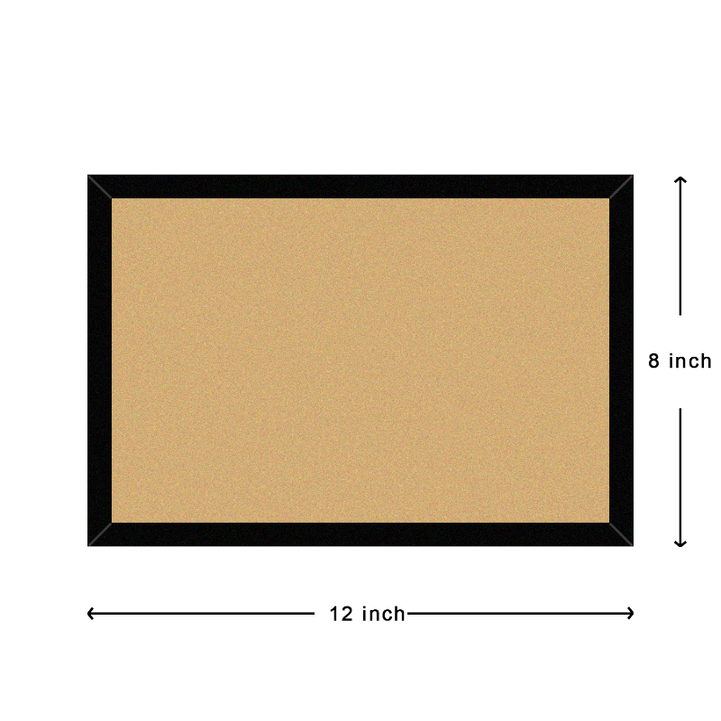 Cork bulletin board with black frame and dimensions on a white background