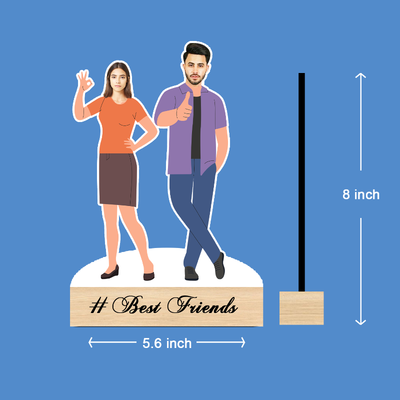 Figurines of a man and a woman with 'Best Friends' sign, standing on a blue background.